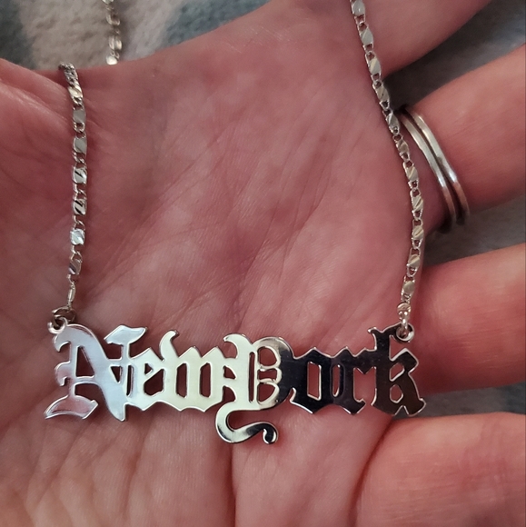 NEW NWT New York Script Silvertone Necklace, Old English Typeface - Picture 3 of 6